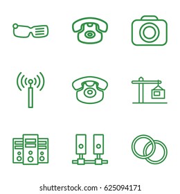 Device Icons Set. Set Of 9 Device Outline Icons Such As Signal Tower, Desk Phone, Camera, Camera Lense, Construction  Crane, Smart Glasses