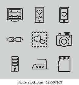 Device icons set. set of 9 device outline icons such as iron, CPU, heartbeat, heartbeat on phone, heart mobile, photo with heart, camera, memory card