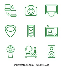 Device icons set. set of 9 device outline icons such as heartbeat on phone, signal, display, guitar mediator, loudspeaker, camera, intercom, laptop connection