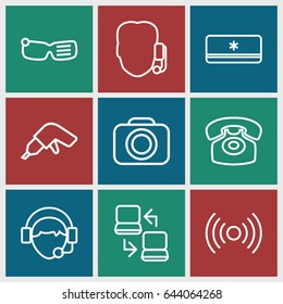 Device icons set. set of 9 device outline icons such as drill, operator, desk phone, camera, air conditioner, laptop connection, support, smart glasses