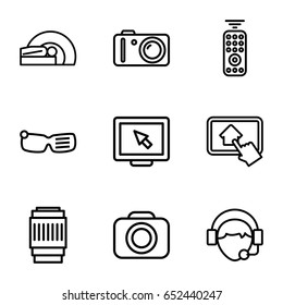 Device icons set. set of 9 device outline icons such as operator, mri, camera, camera lense, home on tablet, remote control, display