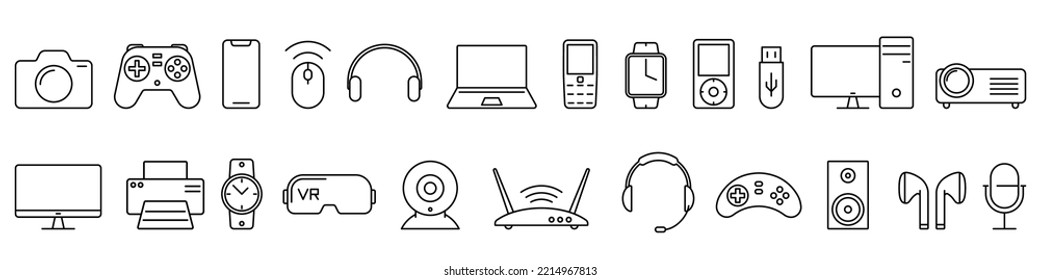 Conjunto de iconos de dispositivo. Iconos de gadget lineales negros. Ilustración vectorial. Colección de símbolos de dispositivo