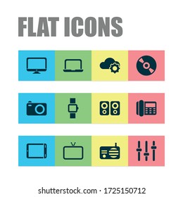 Device icons set with cd, smart watch, amplifier and other cloud technology elements. Isolated vector illustration device icons.