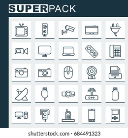 Device Icons Set. Collection Of Antenna, Broadcast, Work Phone And Other Elements. Also Includes Symbols Such As Speaker, Plug, Apparatus.