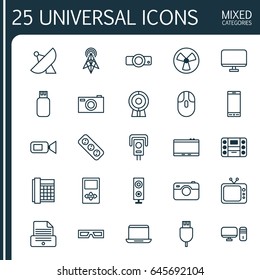 Device Icons Set. Collection Of Boombox, Player, Telephone And Other Elements. Also Includes Symbols Such As Camcorder, Fan, Control.