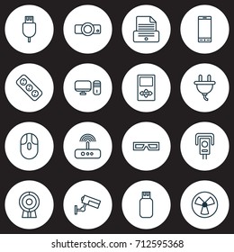 Device Icons Set. Collection Of Cctv, Universal Serial Bus, Printer And Other Elements. Also Includes Symbols Such As Surveillance, Modem, Plug.