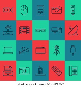 Device Icons Set. Collection Of Cursor Mouse, Gadget, Spectacles And Other Elements. Also Includes Symbols Such As Boombox, Cable, 3D.