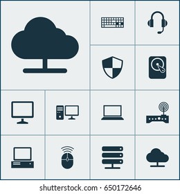Device Icons Set. Collection Of Database, Personal Computer, Keypad And Other Elements. Also Includes Symbols Such As Modem, Control, Microphone.