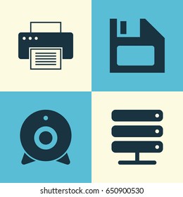 Device Icons Set. Collection Of Database, Diskette, Printing Machine And Other Elements. Also Includes Symbols Such As Server, Floppy, Broadcast.