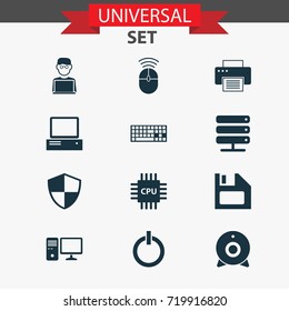 Device Icons Set. Collection Of Database, Motherboard, Broadcast And Other Elements. Also Includes Symbols Such As Web, Keyboard, Microprocessor.