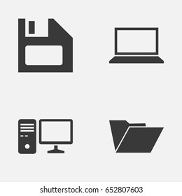 Device Icons Set. Collection Of Diskette, Personal Computer, Dossier And Other Elements. Also Includes Symbols Such As Diskette, Floppy, Disk.