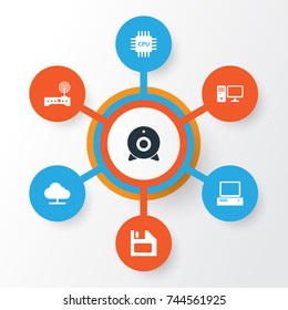 Device Icons Set. Collection Of Diskette, Motherboard, Broadcast And Other Elements. Also Includes Symbols Such As Modem, Camera, Screen.
