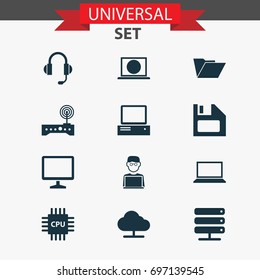 Device Icons Set. Collection Of Dossier, Laptop, Router And Other Elements. Also Includes Symbols Such As Cloud, Tree, Server.