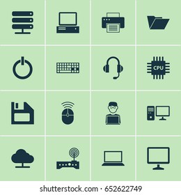 Device Icons Set. Collection Of Earphone, Computer Mouse, Dossier And Other Elements. Also Includes Symbols Such As File, Screen, Keyboard.
