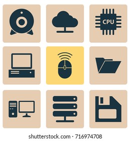 Device Icons Set. Collection Of File, Diskette, Online.