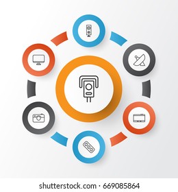 Device Icons Set. Collection Of Gadget, Computer Monitor, Security Camera And Other Elements. Also Includes Symbols Such As Megaphone, Phone, Extension.