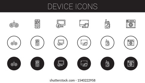 device icons set. Collection of device with gamepad, mobile phone, computer, walkie talkie, web development. Editable and scalable device icons.