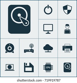 Device Icons Set. Collection Of Hdd, Diskette, Motherboard And Other Elements. Also Includes Symbols Such As Cpu, Programmer, Camera.