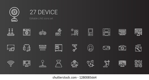 device icons set. Collection of device with industrial robot, mouse, geyser, joystick, monitor, wifi, ar glasses, console, fridge, air conditioner. Editable and scalable device icons.