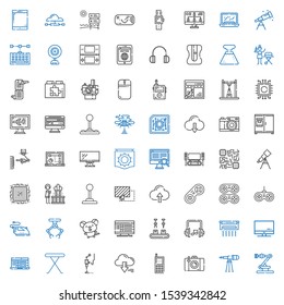 device icons set. Collection of device with industrial robot, telescope, photo camera, cellphone, server, d printer, iron table, laptop, screen. Editable and scalable device icons.