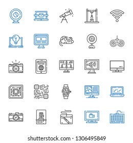 device icons set. Collection of device with keyboard, monitoring, graphic tablet, photo camera, laptop, computer, smartwatch, cpu, screen. Editable and scalable device icons.