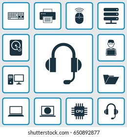 Device Icons Set. Collection Of Laptop, Personal Computer, Dossier And Other Elements. Also Includes Symbols Such As Disk, Dossier, Mouse.