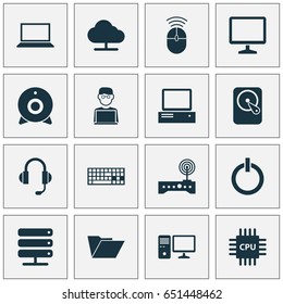 Device Icons Set. Collection Of Personal Computer, Monitor, Computer Mouse And Other Elements. Also Includes Symbols Such As Desktop, Modem, Server.