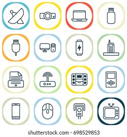 Device Icons Set. Collection Of Personal Computer, Call, Universal Serial Bus And Other Elements. Also Includes Symbols Such As Music, Switch, Drive.