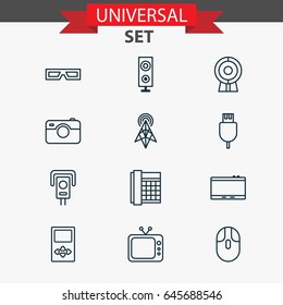 Device Icons Set. Collection Of Photographing, Security Camera, Speaker And Other Elements. Also Includes Symbols Such As Antenna, Cursor, Telephone.