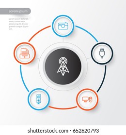 Device Icons Set. Collection Of Photographing, Speaker, Wireless Router And Other Elements. Also Includes Symbols Such As Megaphone, Loudspeaker, Plug.