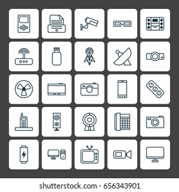 Device Icons Set. Collection Of Player, Digital Camera, Gadget And Other Elements. Also Includes Symbols Such As Screen, Projector, Office.