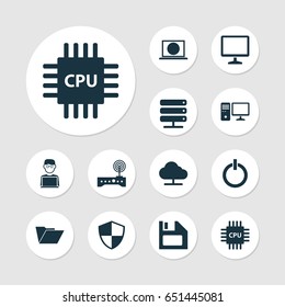 Device Icons Set. Collection Of Power On, Programmer, Defense And Other Elements. Also Includes Symbols Such As Microprocessor, File, Disk.