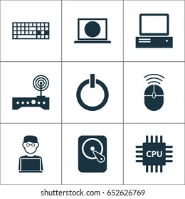 Device Icons Set. Collection Of Power On, Programmer, Keypad And Other Elements. Also Includes Symbols Such As Cpu, Hdd, Motherboard.
