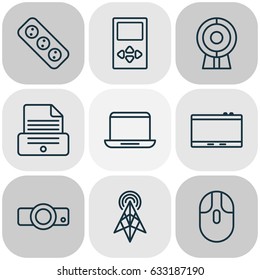 Device Icons Set. Collection Of Presentation, Extension Cord, Player And Other Elements. Also Includes Symbols Such As Antenna, Phone, Computer.