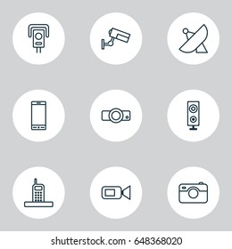 Device Icons Set. Collection Of Presentation, Speaker, Photographing And Other Elements. Also Includes Symbols Such As Control, Camera, Signal.