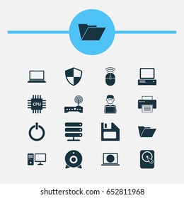 Device Icons Set. Collection Of Printing Machine, Monitor, Programmer And Other Elements. Also Includes Symbols Such As Internet, Cpu, Shield.