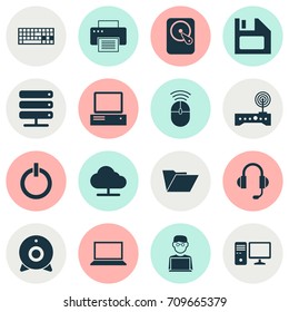 Device Icons Set. Collection Of Printing Machine, Tree, Diskette And Other Elements. Also Includes Symbols Such As Database, Online, Floppy.