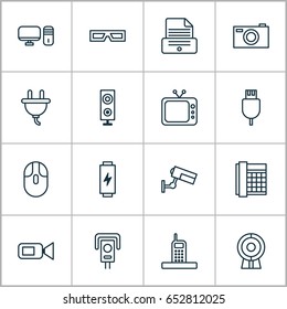 Device Icons Set. Collection Of Socket, Web Discussing, Video Camcorder And Other Elements. Also Includes Symbols Such As Device, Video, Cable.