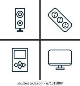 Device Icons Set. Collection Of Speaker, Extension Cord, Computer Monitor And Other Elements. Also Includes Symbols Such As Cord, Mp3, Screen.