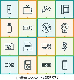 Device Icons Set. Collection Of Spectacles, Telephone, Personal Computer And Other Elements. Also Includes Symbols Such As Usb, Printer, Tv.