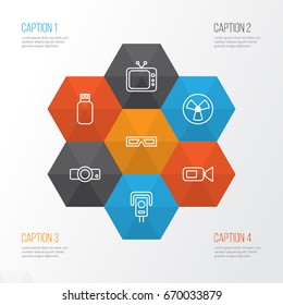 Device Icons Set. Collection Of Television, Spectacles, Security Camera And Other Elements. Also Includes Symbols Such As Fan, Flash, Tv.