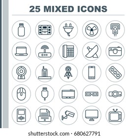 Device Icons Set. Collection Of Television, Call, Control Device And Other Elements. Also Includes Symbols Such As Modem, Tv, Surveillance.