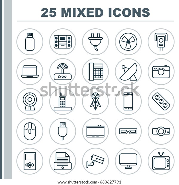 Device Icons Set. Collection Of Television,\
Call, Control Device And Other Elements. Also Includes Symbols Such\
As Modem, Tv,\
Surveillance.