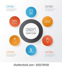 Device Icons Set. Collection Of Universal Serial Bus, Usb, Call And Other Elements. Also Includes Symbols Such As Video, Cable, Camcorder.