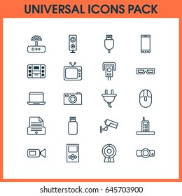 Device Icons Set. Collection Of Usb, Notebook, Cursor Mouse And Other Elements. Also Includes Symbols Such As Photo, Smartphone, Call.