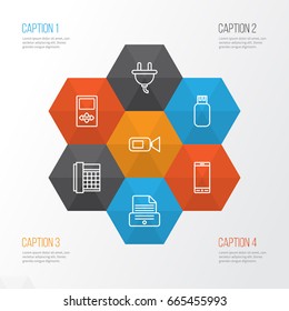 Device Icons Set. Collection Of Usb, Work Phone, Socket And Other Elements. Also Includes Symbols Such As Socket, Office, Camcorder.