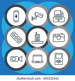 Device Icons Set. Collection Of Video Camcorder, Player, Extension Cord And Other Elements. Also Includes Symbols Such As Camera, Device, Cord.