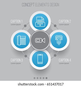 Device Icons Set. Collection Of Video Camcorder, Telephone, Security Camera And Other Elements. Also Includes Symbols Such As Office, Control, Camera.