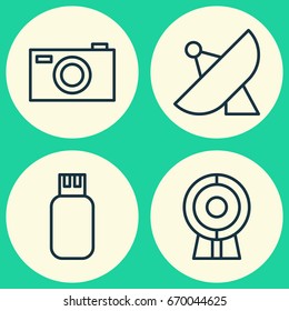 Device Icons Set. Collection Of Web Discussing, Digital Camera, Antenna And Other Elements. Also Includes Symbols Such As Sputnik, Signal, Drive.