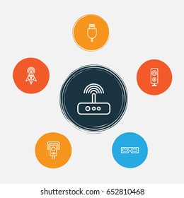 Device Icons Set. Collection Of Wireless Router, Universal Serial Bus, Security Camera And Other Elements. Also Includes Symbols Such As Usb, Megaphone, Cable.